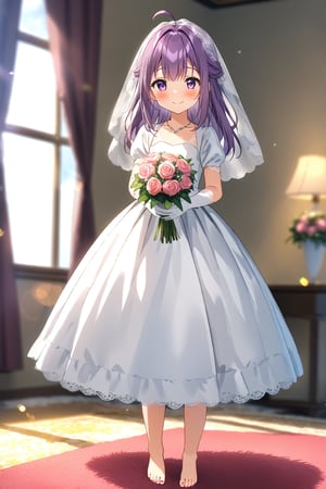 masterpiece, best quality,(1girl), solo,(depth of field),(solo focus),8K,HDR,(ultra high res),(highres),(full body),(lens flare),smiles,blush,(closed mouth), (KJOANKO),(ahoge),(bangs),(purple hair),(long hair),(purple eyes),(collarbone),(hair ornament),(wedding dress), (white dress),(puffy short sleeves),(frilled dress),(white shirt),(skirt), ((white gloves),(lace-trimmed gloves)),(elbow gloves), necklace,jewelry,(barefoot),(toenail polish), indoors,standing,room, window, curtains, carpet,veil,(holding bouquet),