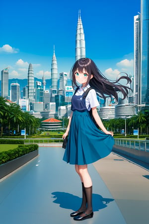 masterpiece, best quality,(1girl), solo,(depth of field),(solo focus),8K,HDR,(ultra high res),(highres),(full body),(lens flare),smiles,blush,(closed mouth),(black hair), (long hair),(aqua eyes),(floating hair), sidelocks,(malaysian secondary school uniform),(schoollogo),(school's logo on right side (pinafore dress)),(aqua blue skirt),(blue pinafore),(collared shirt),(white shirt),(short sleeves),(black socks),(black footwear),(ballet flats),(standing),(outdoors),(cityspace),(holding bag),(lamppost),urban,(petronas twin tower),(Longhouse) ,(national airport tower),KLCC,(Kuala Lumpur countryside),(Kuala Lumper Tower),Malaysia,(blue sky),