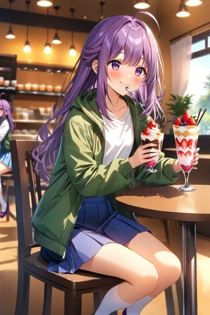 masterpiece, best quality,(1girl), solo,(depth of field),(solo focus),8K,HDR,(ultra high res),(highres),(full body),(perfect lighting),(lens flare),smiles,blush,(KJOANKO),(ahoge),(bangs),(purple hair),(long hair),(purple eyes),(green jacket),(open jacket),(white shirt),(collarbone),(blue skirt),(white socks),(purple footwear),(flats),(cafe),indoors,(table),(eating parfait),(food on table),(holding spoon),(strawberry parfait),(drink),(modern cafe),(led lights),curtains,(sitting on chair)