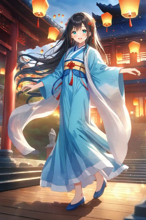 source_anime,masterpiece, best quality,(1girl), solo,(depth of field),(solo focus),8K,HDR,(ultra high res),(highres),(full body),(perfect lighting),(lens flare),smiles,blush,(black hair),(long hair),(aqua eyes),(hair ornament),(hanfu),(ruanyi0758),(shawl),(jewelry),(chinese clothes),(blue dress),(long sleeves),(wide sleeves),(blue footwear),(embroidered flats),scenery,outdoors,(east asian architecture),(dancing),(sky lantern),temple,(wooden floor),landscape,bell,stairs,railing,statue,