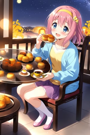 masterpiece, best quality,(1girl), solo,(depth of field),(solo focus),8K,HDR,(ultra high res),(highres),(full body),(full body),(lens flare),smiles,blush,(nice hands), (princess connect!),(yui \(princess connect!\)),bangs,(pink hair), (blue eyes), (medium hair), (hair between eyes),(yellow hairband),(hair ornament),(casual outfits),(blue cardigan),(open cardigan),(yellow shirt),(purple skirt),(long sleeves),(white socks),(pink footwear),(ballet flats),(alternate costume),(mid-autumn festival),(sky lantern),(sitting),(on chair),(armchair),(balcony),(((brown mooncake),food)on plate),(holding mooncake),(maple leaf),(teacup),(teapot),(sanbou),(tsukimi dango),((glass table),(round table)),(gold osmanthus),(yellow flower),(night sky),(star \(sky\)),(full moon),(culture),china,(tile floor), 