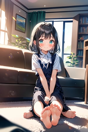 masterpiece, best quality,(1girl), solo,(depth of field),(solo focus),8K,HDR,(ultra high res),(highres),(full body),(lens flare),smiles,blush,(closed mouth),(black hair), (medium hair),(aqua eyes),(floating hair), sidelocks,(malaysian secondary school uniform),(schoollogo),(school's logo on right side (pinafore dress)),(black skirt),(black pinafore),(collared shirt),(white shirt),(short sleeves),(barefoot),(toenail),(feetsandwich),(no shoes),(sitting),(loli),(child),(indoors),(living room),shelf,curtain,carpet,windows,couch,