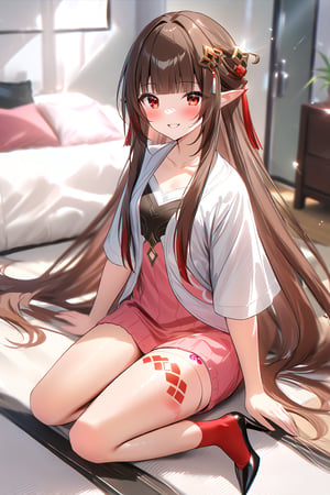 masterpiece, best quality,(1girl), solo,(depth of field),(solo focus),8K,HDR,(ultra high res),(highres),(full body),(lens flare),smiles,blush,(lingsha),(blunt bangs),(brown hair),(very long hair),(red eyes),(pointy ears ),sidelocks,(hair ornament),(jewelry),(halterneck),(red cardigan),(open cardigan),(white shirt),(collarbone),(pink skirt),(red socks),(black footwear),(high heels),(leg tattoo),(handbag),indoors,(living room),(shelf),(air condition),(modern room),(curtain),carpet,(sitting on couch),