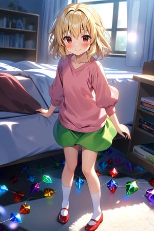 masterpiece, best quality,(1girl), solo,(depth of field),(solo focus),8K,HDR,(ultra high res),(highres),(full body),(lens flare),smiles,blush,(closed mouth),(touhou),(flandre scarlet),(blonde hair),(medium hair),(red eyes),wings, crystal, (laevatein \(touhou\)),(blue cardigan),(open cardigan),(pink shirt),(green skirt),(white socks),(red footwear),(ballet flats),(indoors),(messy room),(shelf),(curtains),(carpet),(bed),(window),(holding phone),