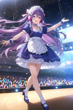 masterpiece, best quality,(1girl), solo,(depth of field),(solo focus),8K,HDR,(ultra high res),(highres),(full body),(lens flare),smiles,blush,(tooka yatogami),(hair between eyes),(white bows),(hair bows),(hair ribbon), earrings, (purple eyes), (purple hair),(floating hair),(very long hair),bangs, sidelocks,(maid headress),(idol clothes),(white bowtie),(blue dress),(frilled choker),(pink ribbon),(puffy short sleeves),(wrist cuffs)(white apron),(necklace),(white sock), (blue footwear),(mary janes),(pink headphones),(outdoors),(holding microphone),music, singing,(stage),(stage lights),(star (sky)),sparkle,(scaffolding),(standing),audience,glowstick,(outstretched arm),(feet out of frame),(leg up),