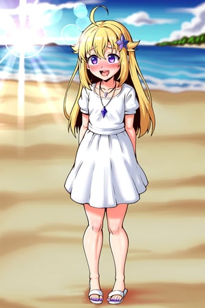 masterpiece, best quality,(1girl), solo,(depth of field),(solo focus),8K,HDR,(ultra high res),(highres),(full body),(lens flare),smiles,blush,ctiank0shi,ahoge (blonde hair),bangs,(long hair),(purple eyes),(hair ornament),(white dress),(short sleeves),(collarbone),(necklace),(white footwear),(sandals),(toenail polish),(standing),(outdoors),beach,ocean,sands,beach,morning,bokeh,