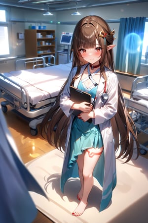 masterpiece, best quality,(1girl), solo,(depth of field),(solo focus),8K,HDR,(ultra high res),(highres),(full body),(lens flare),smiles,blush,(closed mouth), (lingsha),(blunt bangs),(brown hair),(very long hair),(red eyes),(pointy ears ),sidelocks,(hair ornament),(jewelry),(halterneck),(white coat),(lab coat),(blue shirt),(collar shirt),(aqua skirt),(barefoot),(toenail polish),(red nail),(leg tattoo),scenery,(indoors),(doctor),(bed sheet),cabinet,(blanket),curtains,(standing),(hospital bed),infirmary,lights, stool, day,laboratory,(holding clipboard),(stethoscope),