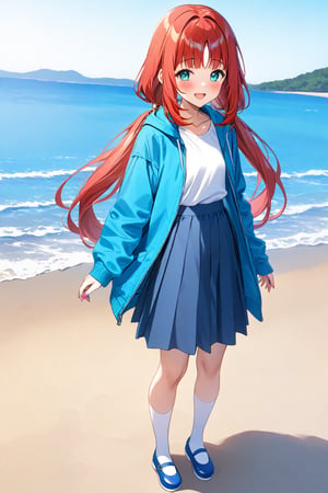 masterpiece, best quality,(1girl), solo,(depth of field),(solo focus),8K,HDR,(ultra high res),(highres),(full body),(full body),smiles,blush,nilou,(nail polish), (aqua eyes), (very long hair), (low twintails),(aqua blue jacket), (open jacket),(long sleeves),(white shirt),(blue skirt),(casual outfit),(white socks),(blue footwear),(mary janes),outdoors,ocean,beach,sand,red hair,score_9,twintails