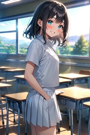 masterpiece, best quality,(1girl), solo,(depth of field),(solo focus),8K,HDR,(ultra high res),(highres),(full body),(perfect lighting),(lens flare),smiles,blush,(black hair), (medium hair),(aqua eyes), sidelocks,(collared shirt),((double pocket) of (white shirt)),(white buttons),(white skirt),(short sleeves),(white socks),(white footwear),(flats),(indoors),(classroom),(standing),(kyoushitsu),(school chair), (school desk), (whiteboard),(window),(ceiling light),curtains,tree,(air conditioners),