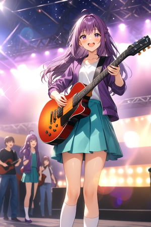 masterpiece, best quality,(1girl), solo,(depth of field),(solo focus),8K,HDR,(ultra high res),(highres),(full body),(lens flare),smiles,blush,(KJOANKO),(ahoge),(bangs),(purple hair),(long hair),(purple eyes),(purple jacket),(open jacket),(white shirt),(collarbone),(aqua skirt),(white socks),(purple footwear),(flats),(outdoors),(holding guitar),(electric guitar),music, singing,(stage),(stage lights),(star (sky)),sparkle,(scaffolding),(standing),audience,glowstick,(outstretched arm),(feet out of frame),(leg up)