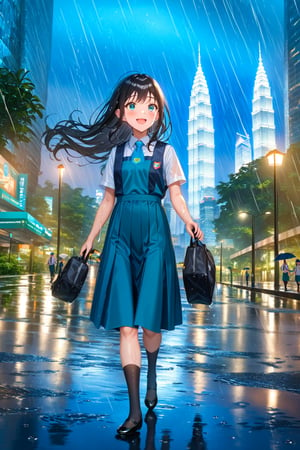 masterpiece, best quality,(1girl), solo,(depth of field),(solo focus),8K,HDR,(ultra high res),(highres),(full body),(perfect lighting),(lens flare),smiles,blush,(black hair), (long hair),(aqua eyes),(floating hair), sidelocks,(malaysian secondary school uniform),(schoollogo),(school's logo on right side (pinafore dress)),(aqua blue skirt),(blue pinafore),(collared shirt),(white shirt),(short sleeves),(black socks),(black footwear),(ballet flats),(walking),(outdoors),(flood),(water),(rainstorm),(rain),(water drop),(cityspace),(holding umbrella),(wet),(lamppost),urban,(wet floor),(petronas twins tower),(Kuala Lumper Tower),Malaysia,