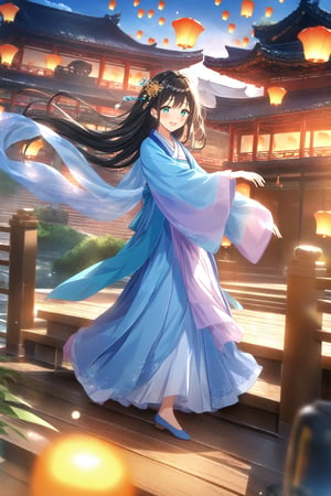 source_anime,masterpiece, best quality,(1girl), solo,(depth of field),(solo focus),8K,HDR,(ultra high res),(highres),(full body),(perfect lighting),(lens flare),smiles,blush,(black hair),(long hair),(aqua eyes),(hair ornament),(hanfu),(ruanyi0758),(shawl),(jewelry),(chinese clothes),(blue dress),(long sleeves),(wide sleeves),(blue footwear),(embroidered flats),scenery,outdoors,(east asian architecture),(dancing),(sky lantern),temple,(wooden floor),landscape,bell,stairs,railing,statue,