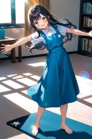 masterpiece, best quality,(1girls), solo,(depth of field),(solo focus),8K,HDR,(ultra high res),(highres),(full body),(perfect lighting),(lens flare),smiles,blush,(nice hands), (perfect hands),(black hair), (long hair),(aqua eyes),(floating hair), sidelocks,(malaysian secondary school uniform),(schoollogo),(school's logo on right side (pinafore dress)),(aqua blue skirt),(blue pinafore),(collared shirt),(white shirt),(short sleeves),(no shoes),(barefoot),(feet),(toenail polish),(aqua nails),(indoors),(carpet),(room),(tiles floor),window,curtains,(bookshelf),(yoga mat),(outstretched arms),(spread arms),standing