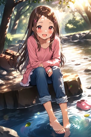 masterpiece, best quality,(1girl),(solo),(full body),(perfect lighting),(lens flare),smiles,blush,(nice hands), (perfect hands),(open mouth),(aobakokona),(brown hair),(red eyes),(very long hair),(braided bangs),(forehead),(parted bangs),(hairclip),(x hair ornament),collarbone,(pink dress),(black shirt),(sleeves past wrists),(sleeveless dress),(frilled dress),(long sleeves),(capri pants),(blue pants ),barefoot,toenail,(pink footwear removed),(unworn sneakers),(unworn socks),(sitting),outdoors,(looking at viewer),denim,(pants rolled up),(soaking feet),(dappled sunlight),handbag,rock,day, leaf, (shoulder bag),(hand between legs), wading, water,stream, (dutch angle),river,sunbeam,tree,branch