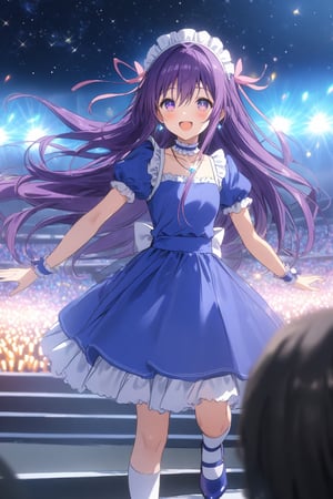 masterpiece, best quality,(1girl), solo,(depth of field),(solo focus),8K,HDR,(ultra high res),(highres),(full body),(lens flare),smiles,blush,(tooka yatogami),(hair between eyes),(white bows),(hair bows),(hair ribbon), earrings, (purple eyes), (purple hair),(floating hair),(very long hair),bangs, sidelocks,(maid headress),(idol clothes),(white bowtie),(blue dress),(frilled choker),(pink ribbon),(puffy short sleeves),(wrist cuffs)(white apron),(necklace),(white sock), (blue footwear),(mary janes),(pink headphones),(outdoors),(holding microphone),music, singing,(stage),(stage lights),(star (sky)),sparkle,(scaffolding),(standing),audience,glowstick,(outstretched arm),(feet out of frame),(leg up),