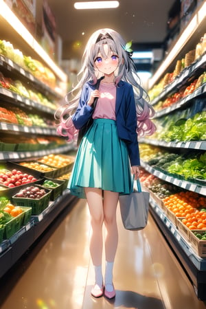 masterpiece, best quality,(1girl), solo,(depth of field),(solo focus),8K,HDR,(ultra high res),(highres),(Exquisite visuals),(narrow waist),(full body),(lens flare),smiles,blush,(nice hands), (perfect hands),((absurdres)),Firefly,(parted bangs),(purple eyes),(grey hair),(gradient hair),(hair intakes),(long hair),(black hairband),(leaf hair ornament),(black ribbon),(hair between eyes),(blue jacket),(pink shirt),(aqua skirt),(white socks),(pink footwear),(flats),(indoors),(shopping),(market),