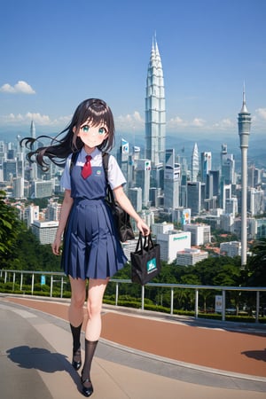 masterpiece, best quality,(1girl), solo,(depth of field),(solo focus),8K,HDR,(ultra high res),(highres),(full body),(lens flare),smiles,blush,(closed mouth),(black hair), (long hair),(aqua eyes),(floating hair), sidelocks,(malaysian secondary school uniform),(schoollogo),(school's logo on right side (pinafore dress)),(aqua blue skirt),(blue pinafore),(collared shirt),(white shirt),(short sleeves),(black socks),(black footwear),(ballet flats),(standing),(outdoors),(cityspace),(holding bag),(lamppost),urban,(petronas twins tower),KLCC,(Kuala Lumpur countryside),(Kuala Lumper Tower),Malaysia,(blue sky),