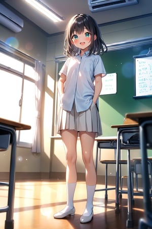 masterpiece, best quality,(1girl), solo,(depth of field),(solo focus),8K,HDR,(ultra high res),(highres),(full body),(perfect lighting),(lens flare),smiles,blush,(black hair), (medium hair),(aqua eyes), sidelocks,(collared shirt),((double pocket shirt)),(white shirt),(white buttons),(white skirt),(short sleeves),(white socks),(white footwear),(flats),(indoors),(classroom),(standing),(kyoushitsu),(school chair), (school desk), (whiteboard),(window),(ceiling light),curtains,tree,(air conditioners),