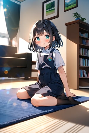 masterpiece, best quality,(1girl), solo,(depth of field),(solo focus),8K,HDR,(ultra high res),(highres),(full body),(lens flare),smiles,blush,(closed mouth),(black hair), (medium hair),(aqua eyes),(floating hair), sidelocks,(malaysian secondary school uniform),(schoollogo),(school's logo on right side (pinafore dress)),(black skirt),(black pinafore),(collared shirt),(white shirt),(short sleeves),(black socks),(no shoes),(sitting),(loli),(child),(indoors),(living room),shelf,curtain,carpet,windows,couch,