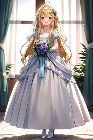 masterpiece, best quality,(1girl), solo,(depth of field),(solo focus),8K,HDR,(ultra high res),(highres),(full body),(lens flare),smiles,blush,ctiank0shi,ahoge (blonde hair),bangs,(long hair),(purple eyes),(collarbone),(hair ornament),(wedding dress), (white dress),(puffy short sleeves),(frilled dress),(white shirt),(skirt), ((white gloves),(lace-trimmed gloves)),(elbow gloves), necklace,jewelry,(white legwear),(white footwear),(high heels), indoors,standing,room, window, curtains, carpet,veil,(holding bouquet),
