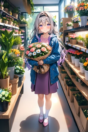 masterpiece, best quality,(1girl), solo,(depth of field),(solo focus),8K,HDR,(ultra high res),(highres),(full body),(lens flare),smiles,blush,(closed mouth),Firefly,(parted bangs),(purple eyes),(grey hair),(gradient hair),(hair intakes),(long hair),(black hairband),(leaf hair ornament),(black ribbon),(hair between eyes),(blue jacket),(pink shirt),(purple skirt),(white socks),(pink footwear),(flats),(standing),(indoors),curtains,(flower shop),(shop),(holding bouquet),florist,(loaded interior),(potted plant),(flower),vase,wreath,