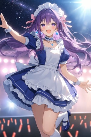 masterpiece, best quality,(1girl), solo,(depth of field),(solo focus),8K,HDR,(ultra high res),(highres),(full body),(lens flare),smiles,blush,(tooka yatogami),(hair between eyes),(white bows),(hair bows),(hair ribbon), earrings, (purple eyes), (purple hair),(floating hair),(very long hair),bangs, sidelocks,(maid headress),(idol clothes),(white bowtie),(blue dress),(frilled choker),(pink ribbon),(puffy short sleeves),(wrist cuffs)(white apron),(necklace),(white sock), (blue footwear),(mary janes),(pink headphones),(outdoors),(holding microphone),music, singing,(stage),(stage lights),(star (sky)),sparkle,(scaffolding),(standing),audience,glowstick,(outstretched arm),(feet out of frame),(leg up),