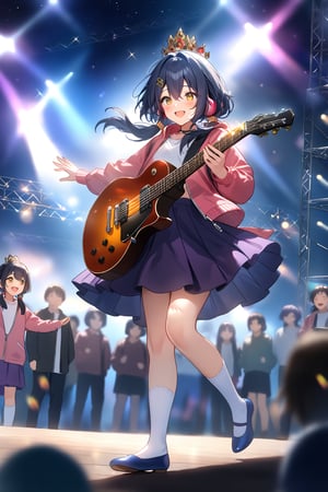 masterpiece, best quality,(1girl), solo,(depth of field),(solo focus),8K,HDR,(ultra high res),(highres),(full body),(lens flare),smiles,blush,(yunli),(dark blue hair),(short hair with long locks),(low twintails),(yellow eyes),(hair between eyes),(single earrings),(crown),(hairclip),(headpiece),(hair ornament),(low ponytail),(double ponytail),(pink jacket),(white shirt),(purple skirt),(white socks),(blue footwear),(flats),(pink headphones),(outdoors),(holding guitar),(electric guitar),music, singing,(stage),(stage lights),(star (sky)),sparkle,(scaffolding),(standing),audience,glowstick,(outstretched arm),(feet out of frame),(leg up)