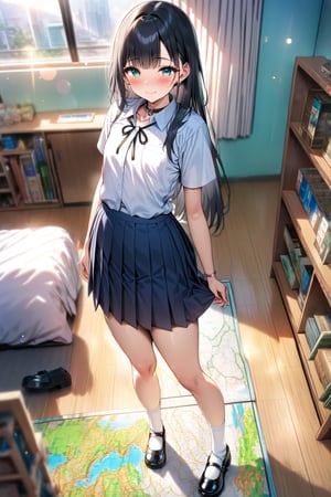 masterpiece, best quality,(1girls), solo,(depth of field),(solo focus),8K,HDR,(ultra high res),(highres),(full body),(lens flare),smiles,blush,(black hair),(long hair),(aqua eyes),(bangs),(white shirt),(collar shirt),(short sleeves),(black ribbon),(neck ribbon),(dark blue skirt),(white socks),(black footwear),(mary janes),(Thai school uniform),indoors,(closed mouth),(room),standing,map, curtain,carpet,shelf,