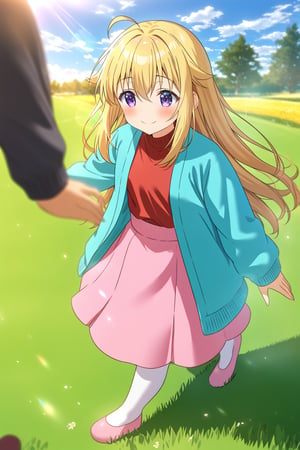 masterpiece, best quality,(1girl), solo,(depth of field),(solo focus),8K,HDR,(ultra high res),(highres),(full body),(lens flare),smiles,blush,(torako koshi),bangs,ahoge,(blonde hair),bangs,(long hair),(purple eyes),(hair between eyes),(aqua cardigan),(open cardigan),(red shirt),(pink skirt),(white socks),(pink footwear),(ballet flats),walking,field,tree,flower,cloud, 