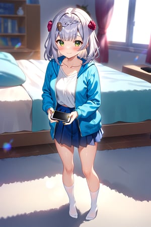 masterpiece, best quality,(1girl), solo,(depth of field),(solo focus),8K,HDR,(ultra high res),(highres),(full body),(lens flare),smiles,blush,(closed mouth),(noelle \(genshin impact\)),(green eyes),(blunt bangs),(grey hair),(braided bangs),(crown braid),(medium breasts),(medium hair),(red roses hair ornament),(gold nails),(alternate costume),(aqua blue jacket), (open jacket),(long sleeves),(white shirt),(blue skirt),(collarbone),(white socks),(no shoes),(standing),(indoors),(messy room),(shelf),(curtains),(carpet),(bed),(window),(holding phone),