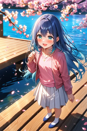 masterpiece, best quality,(2girls), solo,(depth of field),(solo focus),8K,HDR,(ultra high res),(highres),(full body),(lens flare),smile,blush,(kurokawaakane),(aqua eyes),(blue hair), gradient hair),(long hair),(collarbone),(necklace),(blue jacket),(open jacket),(pink shirt),(white skirt),(white socks),(blue footwear),(ballet flats),(outdoors),(standing),(branch),(cherry blossoms),(frame),petals,pier,water,{{CINEMATIC LIGHTING}},{{REALISING TEXTURES}}, ((with daughter)), child, 
