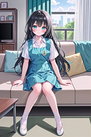 masterpiece, best quality,(beautiful detailed eyes),(1 girl), solo,(depth of field),(solo focus),8K,HDR,(ultra high res),(Exquisite visuals),(full body),(lens flare),(smiles),blush,(nice hands),(perfect hands),(arm support),((absurdres)),(black hair), (long hair),(aqua eyes),(floating hair), sidelocks,(malaysian secondary school uniform),(schoollogo),(school's logo on right side (pinafore dress)),(aqua blue skirt),(blue pinafore),(collared shirt),(white shirt),(short sleeves),(white footwear),(flats),(black socks),(black footwear),(ballet flats),(sitting),(closed mouth),(indoors),(living room),(couch),(shelf),(tv),(windows),flower,curtains,carpets, 