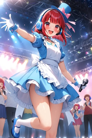 masterpiece, best quality,(1girl), solo,(depth of field),(solo focus),8K,HDR,(ultra high res),(highres),(full body),(lens flare),smiles,blush,(Kana-XL),(medium hair), (red eyes), (red hair),(blunt bangs),(top hat),(
hat bow),(idol clothes),(white bowtie),(blue dress),(frilled choker),(pink ribbon),(puffy short sleeves),(wrist cuffs)(white apron),(white gloves).(necklace),(white sock), (blue footwear),(mary janes),(pink headphones),(outdoors),(holding microphone),music, singing,(stage),(stage lights),(star (sky)),sparkle,(scaffolding),(standing),audience,glowstick,(outstretched arm),(feet out of frame),(leg up),