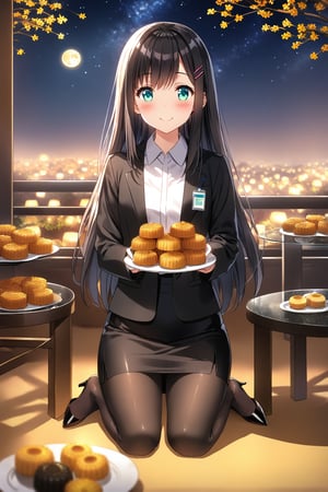 masterpiece, best quality,(1girl), solo,(depth of field),(solo focus),8K,HDR,(ultra high res),(highres),(full body),(full body),(lens flare),smiles,blush,(nice hands), (black hair),(long hair), bangs,(aqua eyes),(hairclip),(id card),(strap),(black jacket),(open jacket),(white shirt),(collared shirt),(black skirt),(pencil skirt),(black pantyhose),(unworn high heels),(mid-autumn festival),(sky lantern),(sitting),(on chair),(armchair),(balcony),(((brown mooncake),food)on plate),(holding mooncake),(maple leaf),(teacup),(teapot),(sanbou),(tsukimi dango),((glass table),(round table)),(gold osmanthus),(yellow flower),(night sky),(star \(sky\)),(full moon),(culture),china,(tile floor),