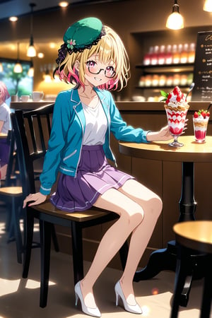 source_anime,masterpiece, best quality,(1girl), solo,(depth of field),(solo focus),8K,HDR,(ultra high res),(highres),(full body),(perfect lighting),(lens flare),smiles,blush,(em1lie),((blonde hair),(pink hair)(multicolored hair)),(two-tone hair),(pink eyes),(green hat),(hair ornament),(black-framed eyewear),(blue jacket),(open jacket),(white shirt),(collarbone),(purple skirt),(white footwear),(high heels),(cafe),indoors,(table),(food on table),(holding spoon),(strawberry parfait),(drink),(modern cafe),(led lights),curtains,(sitting on chair)