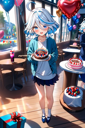 masterpiece, best quality,(1girl), solo,(depth of field),(solo focus),8K,HDR,(ultra high res),(highres),(full body),(lens flare),smiles,blush,(furina \(genshin impact\)), ((light blue hair), (white hair),(multicolored hair), (streaked hair)),(blue eyes),(short hair),(ahoge),(hair between eyes),cowlick,(aqua cardigan),(open cardigan),(white shirt),(blue skirt),(white socks),(blue footwear),(ballet flats),(indoors),(cafe),(birthday),(birthday party),(heart balloon),((birthday cake) on table),(string of flags),((gift box),(holding gift)),(happy birthday),((food) on table,fruit,(drink)),(ice cream cup),standing,