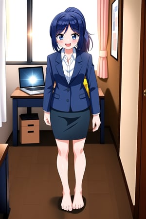 masterpiece, best quality,(1girl), solo,(depth of field),(solo focus),8K,HDR,(ultra high res),(highres),(full body),(lens flare),smiles,blush, asakav1, asaka,(dark blue hair),(dark blue eyes),(parted bangs),(ponytail),(office lady),(navy blue jacket),(white shirt),(collared shirt),(navy blue skirt),(pencil skirt),(barefoot),(toenail polish),(standing),(office chair),(indoors),(office),table, carpet,curtain,shelf,laptop