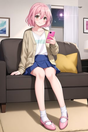 masterpiece, best quality,(1girl), solo,(depth of field),(solo focus),8K,HDR,(ultra high res),(highres),(full body),(lens flare),smiles,blush,(closed mouth),(sonogami rinne),bangs,(medium hair), (pink hair), (braid),(light brown eyes), (hair between eyes),(aqua cardigan), (open cardigan),(long sleeves),(white shirt),(blue skirt),(collarbone),(white socks),(pink footwear),(flats),indoors,(holding phone),(smartphone),(modern room),carpet,curtain,(living room),couch,night