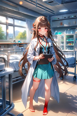 masterpiece, best quality,(1girl), solo,(depth of field),(solo focus),8K,HDR,(ultra high res),(highres),(full body),(lens flare),smiles,blush,(closed mouth), (lingsha),(blunt bangs),(brown hair),(very long hair),(red eyes),(pointy ears ),sidelocks,(hair ornament),(jewelry),(halterneck),(white coat),(lab coat),(blue shirt),(collar shirt),(aqua skirt),(red socks),(barefoot),(toenail polish),(red nail),(leg tattoo),scenery,(indoors),(doctor),(bed sheet),cabinet,(blanket),curtains,(standing),(hospital bed),infirmary,lights, stool, day,laboratory,(holding clipboard),(stethoscope),