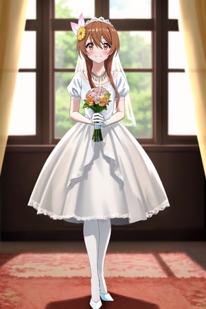 masterpiece, best quality, (beautiful detailed eyes),(1girl), solo,(depth of field),(solo focus),8K,HDR,(ultra high res),(highres),(Exquisite visuals),(perfect lighting),(narrow waist),(Beautiful long legs),(full body),(lens flare),smiles,blush,(nice hands), (perfect hands),((absurdres)),(marika tachibana),(brown hair),(short hair with long locks),(brown eyes),(hair flower),(hair ornament),(sidelocks),(hair between eyes),(wedding dress), (white dress),(puffy short sleeves),(frilled dress),(white shirt),(skirt), ((white gloves),(lace-trimmed gloves)),(elbow gloves), necklace,jewelry,,(white legwear),(white footwear),(high heels),indoors,standing,room, window, curtains, carpet,veil,(holding bouquet),