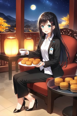 masterpiece, best quality,(1girl), solo,(depth of field),(solo focus),8K,HDR,(ultra high res),(highres),(full body),(full body),(lens flare),smiles,blush,(nice hands), (black hair),(long hair), bangs,(aqua eyes),(hairclip),(id card),(strap),(black jacket),(open jacket),(white shirt),(collared shirt),(black pants),(pencil pants),(black footwear),(high heels),(mid-autumn festival),(sky lantern),(sitting),(on chair),(armchair),(balcony),(((brown mooncake),food)on plate),(holding mooncake),(maple leaf),(teacup),(teapot),(sanbou),(tsukimi dango),((glass table),(round table)),(gold osmanthus),(yellow flower),(night sky),(star \(sky\)),(full moon),(culture),china,(tile floor),