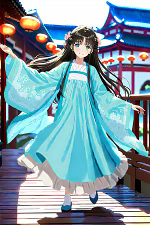 source_anime,masterpiece, best quality,(1girl), solo,(depth of field),(solo focus),8K,HDR,(ultra high res),(highres),(full body),(perfect lighting),(lens flare),smiles,blush,(black hair),(long hair),(aqua eyes),(hair ornament),(hanfu),(jyojifuku),(ruanyi0758),(shawl),(jewelry),(chinese clothes),(blue dress),(long sleeves),(wide sleeves),(white socks),(ancient chinese socks),(blue footwear),(embroidered flats),scenery,outdoors,(east asian architecture),(dancing),(sky lantern),temple,(wooden floor),landscape,bell,stairs,railing,statue,