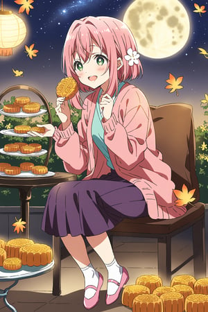 masterpiece, best quality,(1girl),(solo),(full body),(perfect lighting),(lens flare),smile,blush,(nice hands), (perfect hands),(open mouth),(hakari hanazono),(pink hair),(bangs),(bright pupils),(hair intakes),(short hair),(sidelocks),(green eyes),(hair ornament),(hair between eyes),(hair flower),(white flower),sidelocks,(pink cardigan),(open cardigan),(aqua shirt),(long sleeves),(purple skirt),(white socks),(pink footwear),(ballet flats),(mid-autumn festival),(sky lantern),(sitting),(on chair),(armchair),(balcony),(((brown mooncake),food)on plate),(holding mooncake),(maple leaf),(teacup),(teapot),(sanbou),(tsukimi dango),((glass table),(round table)),(gold osmanthus),(yellow flower),(night sky),(star \(sky\)),(full moon),(culture),china,(tile floor),