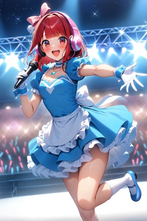 masterpiece, best quality,(1girl), solo,(depth of field),(solo focus),8K,HDR,(ultra high res),(highres),(full body),(lens flare),smiles,blush,(Kana-XL),(medium hair), (red eyes), (red hair),(blunt bangs),(top hat),(
hat bow),(idol clothes),(white bowtie),(blue dress),(frilled choker),(pink ribbon),(puffy short sleeves),(wrist cuffs)(white apron),(white gloves).(necklace),(white sock), (blue footwear),(mary janes),(pink headphones),(outdoors),(holding microphone),music, singing,(stage),(stage lights),(star (sky)),sparkle,(scaffolding),(standing),audience,glowstick,(outstretched arm),(feet out of frame),(leg up),