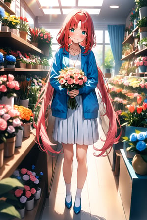 masterpiece, best quality,(1girl), solo,(depth of field),(solo focus),8K,HDR,(ultra high res),(highres),(full body),(lens flare),smiles,blush,(closed mouth),(nilou),(red hair),(nail polish), (aqua eyes), (very long hair), (low twintails),(collarbone),(necklace),(blue jacket),(open jacket),(pink shirt),(white skirt),(white socks),(blue footwear),(flats),(standing),(indoors),curtains,(flower shop),(shop),(holding bouquet),florist,(loaded interior),(potted plant),(flower),vase,wreath,