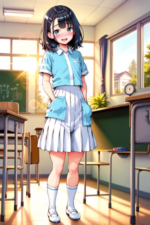 masterpiece, best quality,(1girl), solo,(depth of field),(solo focus),8K,HDR,(ultra high res),(highres),(full body),(perfect lighting),(lens flare),smiles,blush,(black hair), (medium hair),(aqua eyes), sidelocks,(collared shirt),((double pocket) of (white shirt)),(white buttons),(white skirt),(short sleeves),(white socks),(white footwear),(flats),(indoors),(classroom),(standing),(kyoushitsu),(school chair), (school desk), (whiteboard),(window),(ceiling light),curtains,tree,(air conditioners),