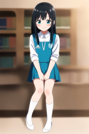 masterpiece, best quality,(1girl), solo,(smiles),blush, (full body),HD,(high_res),(black hair), (long hair),(aqua eyes),(floating hair), sidelocks,(malaysian secondary school uniform),(schoollogo),(school's logo on right side (pinafore dress)),(aqua blue skirt),(aqua blue pinafore),(collared shirt),(white shirt),(short sleeves),(white footwear),(flats),(white socks),(clenched hands),(looking at v), ganbaruzoi, indoors,library