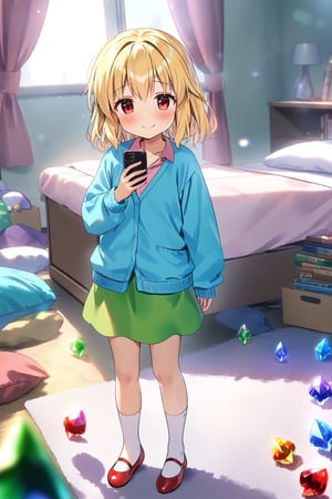 masterpiece, best quality,(1girl), solo,(depth of field),(solo focus),8K,HDR,(ultra high res),(highres),(full body),(lens flare),smiles,blush,(closed mouth),(touhou),(flandre scarlet),(blonde hair),(medium hair),(red eyes),wings, crystal, (laevatein \(touhou\)),(blue cardigan),(open cardigan),(pink shirt),(green skirt),(white socks),(red footwear),(ballet flats),(indoors),(messy room),(shelf),(curtains),(carpet),(bed),(window),(holding phone),