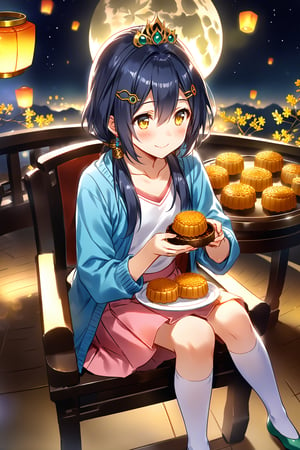 masterpiece, best quality,(1girl), solo,(depth of field),(solo focus),8K,HDR,(ultra high res),(highres),(full body),(perfect lighting),(lens flare),smiles,blush,(closed mouth),(yunli),(dark blue hair),(short hair with long locks),(low twintails),(yellow eyes),(hair between eyes),(single earrings),(crown),(hairclip),(headpiece),(hair ornament),(low ponytail),(double ponytail),(blue cardigan),(open cardigan),(white shirt),(collarbone),(pink skirt),(white socks),(green footwear),(ballet flats),(mid-autumn festival),(sky lantern),(sitting),(on chair),(armchair),(balcony),(((brown mooncake),food)on plate),(holding mooncake),(maple leaf),(teacup),(teapot),(sanbou),(tsukimi dango),((glass table),(round table)),(gold osmanthus),(yellow flower),(night sky),(star \(sky\)),(full moon),(culture),china,(tile floor), 