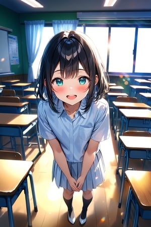 masterpiece, best quality,(1girl), solo,(depth of field),(solo focus),8K,HDR,(ultra high res),(highres),(full body),(perfect lighting),(lens flare),smiles,blush,(black hair), (medium hair),(aqua eyes), sidelocks,(collared shirt),((double pocket shirt)),(white shirt),(white buttons),(white skirt),(short sleeves),(white socks),(white footwear),(flats),(indoors),(classroom),(standing),(kyoushitsu),(school chair), (school desk), (whiteboard),(window),(ceiling light),curtains,tree,(air conditioners),